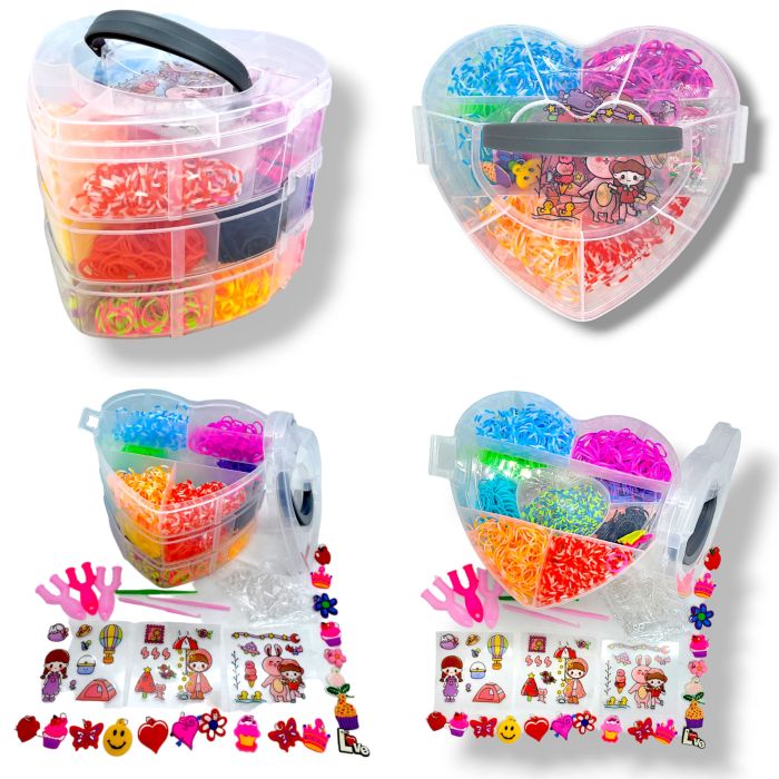 Великий набір для дитячої творчості та плетіння з гумок Loom Bands 4000 шт. 3-ярусний пластиковий кейс у формі серця з аксесуарами для створення браслетів і прикрас