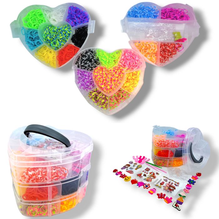 Великий набір для дитячої творчості та плетіння з гумок Loom Bands 4000 шт. 3-ярусний пластиковий кейс у формі серця з аксесуарами для створення браслетів і прикрас