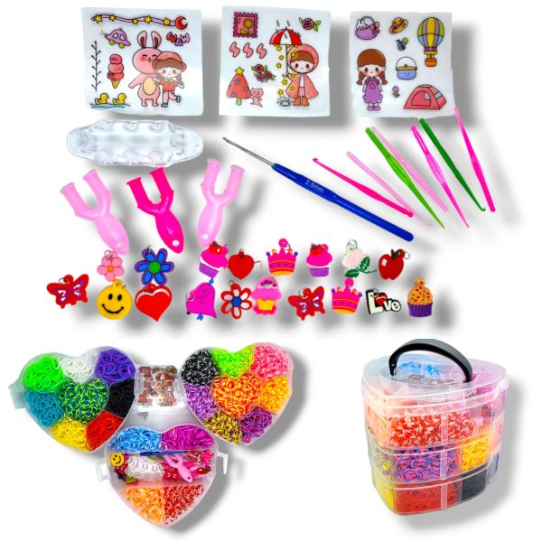 Великий набір для дитячої творчості та плетіння з гумок Loom Bands 6500 шт. 3-ярусний пластиковий кейс у формі серця з металевим гачком, верстатом та аксесуарами