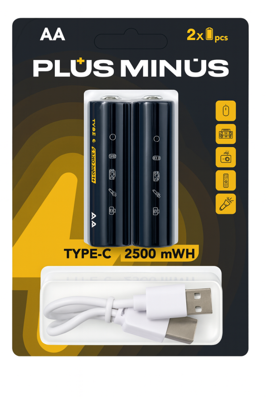 Акумуляторні батарейки AA PLUS MINUS 2500 mAh з прямим портом Type-C та роздвоєним кабелем у комплекті (2 шт., 1.5V, чорні)