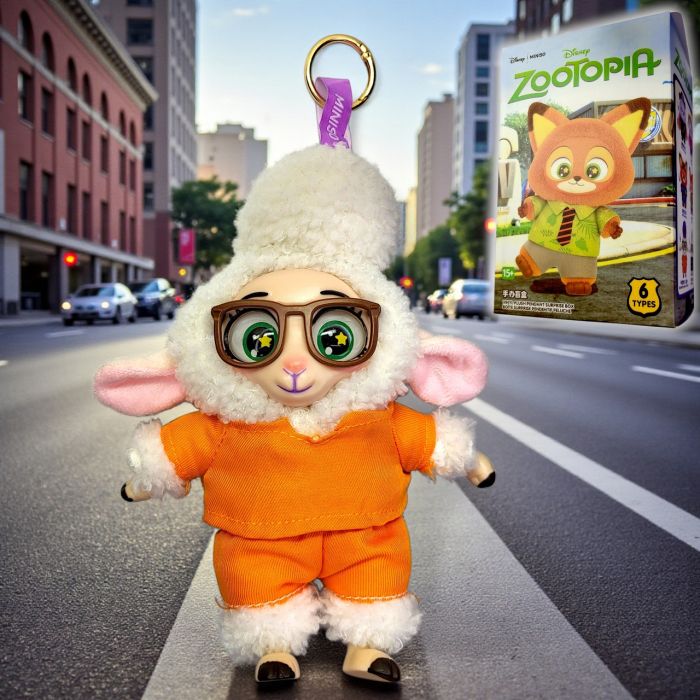 Мягкая игрушка-брелок Disney Zootopia Miniso "Мисс Белливезер в оранжевом костюме" — плюшевая коллекционная фигурка в подарочной коробке, 20 см