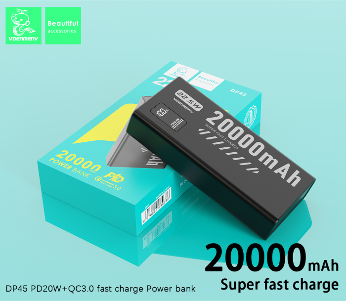 Повербанк DENMEN DP45 20000 мАч 22.5W — внешний аккумулятор Li-Polymer с LED-дисплеем и быстрой зарядкой PD/QC (2×USB, 1×Type-C, черный)