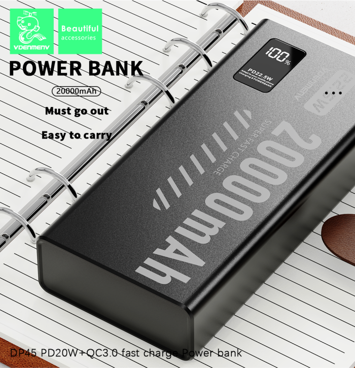 Повербанк DENMEN DP45 20000 мАч 22.5W — внешний аккумулятор Li-Polymer с LED-дисплеем и быстрой зарядкой PD/QC (2×USB, 1×Type-C, черный)