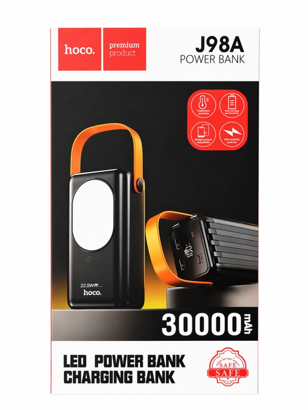 Повербанк HOCO J98A 30000mAh 22.5W — мощный внешний аккумулятор Li-Pol с LED-дисплеем, фонариком и встроенными кабелями 4в1 (2×USB, 2×Type-C)