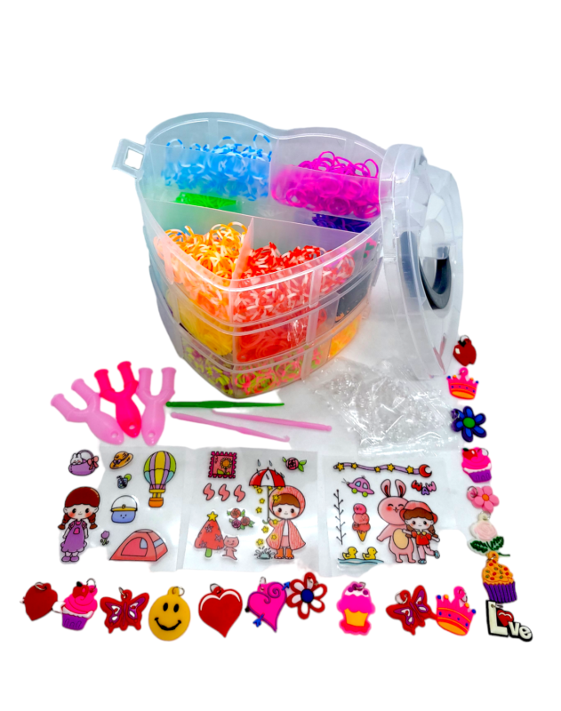Великий набір для дитячої творчості та плетіння з гумок Loom Bands 4000 шт. 3-ярусний пластиковий кейс у формі серця з аксесуарами для створення браслетів і прикрас