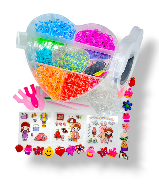 Великий набір для дитячої творчості та плетіння з гумок Loom Bands 4000 шт. 3-ярусний пластиковий кейс у формі серця з аксесуарами для створення браслетів і прикрас