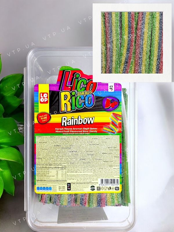 Жувальний мармелад Lico Rico Rainbow (Райдужні ремінці) — 1 кг у пластиковій банці зі щипчиками